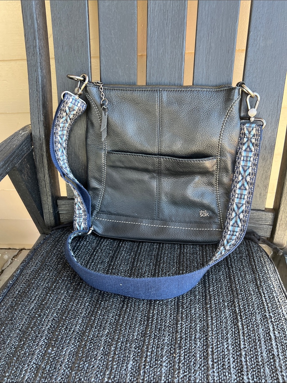 The Sak Black Leather Crossbody Bag with Blue Patterned Strap